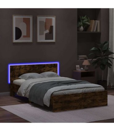 vidaXL Bed Frame with Headboard and LED Smoked Oak 135x190 cm