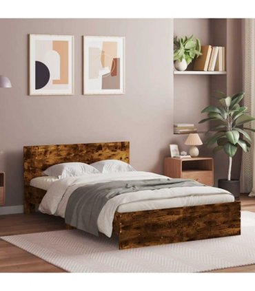 vidaXL Bed Frame with Headboard and LED Smoked Oak 135x190 cm