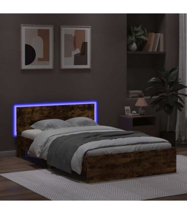 vidaXL Bed Frame with Headboard and LED Smoked Oak 120x190 cm