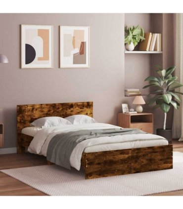 vidaXL Bed Frame with Headboard and LED Smoked Oak 120x190 cm