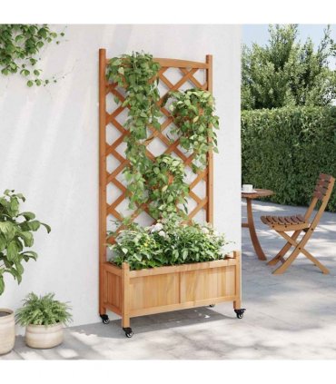 vidaXL Planter with Trellis and Wheels Brown Solid Wood Fir