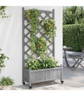 vidaXL Planter with Trellis and Wheels Grey Solid Wood Fir