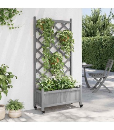 vidaXL Planter with Trellis and Wheels Grey Solid Wood Fir