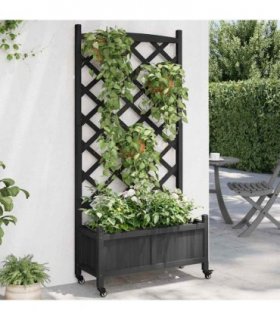 vidaXL Planter with Trellis and Wheels Black Solid Wood Fir