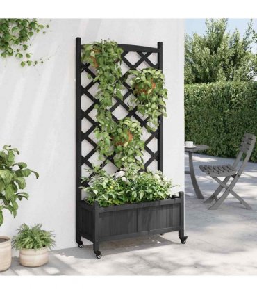 vidaXL Planter with Trellis and Wheels Black Solid Wood Fir