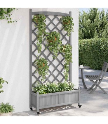vidaXL Planter with Trellis and Wheels Grey Solid Wood Fir