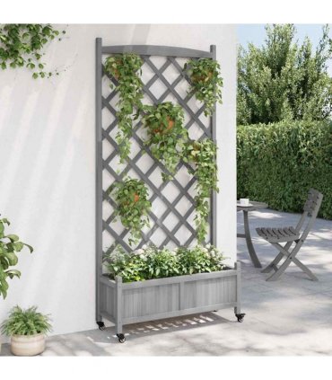 vidaXL Planter with Trellis and Wheels Grey Solid Wood Fir