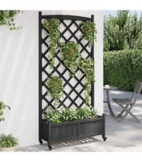 vidaXL Planter with Trellis and Wheels Black Solid Wood Fir