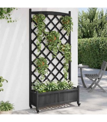 vidaXL Planter with Trellis and Wheels Black Solid Wood Fir
