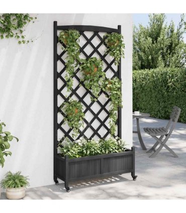 vidaXL Planter with Trellis and Wheels Black Solid Wood Fir