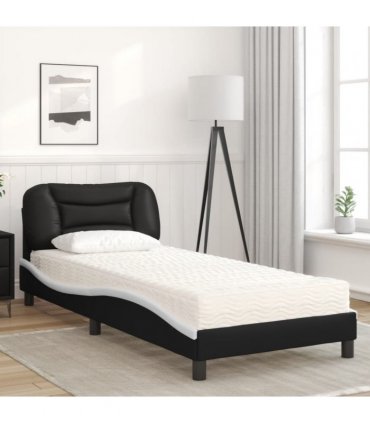 vidaXL Bed with Mattress "Hvar" Black and White 90x190 cm Faux Leather