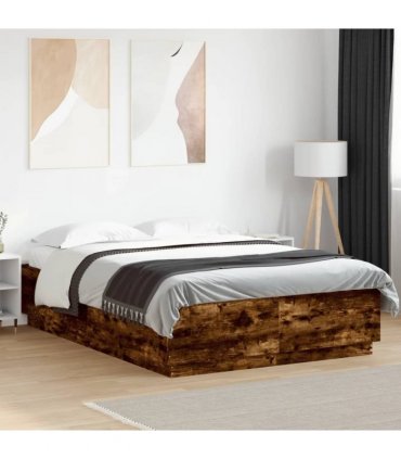 vidaXL Bed Frame with LED without Mattress Smoked Oak 140x200 cm