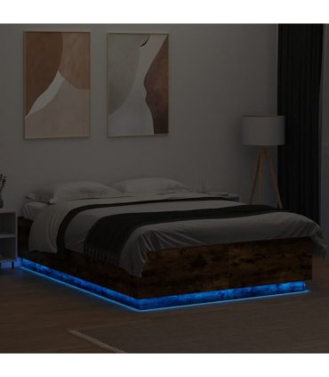 vidaXL Bed Frame with LED without Mattress Smoked Oak 140x200 cm