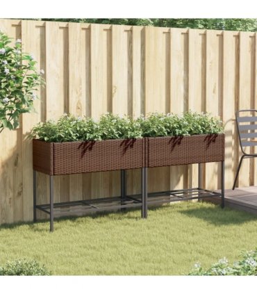 vidaXL Garden Planters with Shelf 2 pcs Brown 90x40x75 cm Poly Rattan