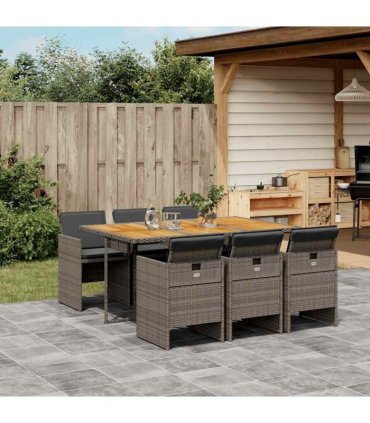 vidaXL 7 Piece Garden Dining Set with Cushions Grey Poly Rattan