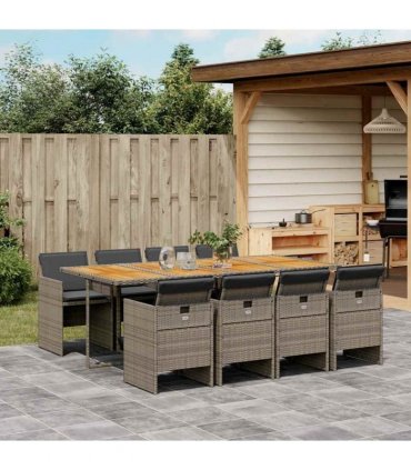 vidaXL 9 Piece Garden Dining Set with Cushions Grey Poly Rattan