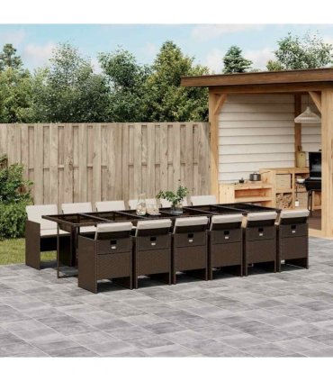 vidaXL 13 Piece Garden Dining Set with Cushions Brown Poly Rattan