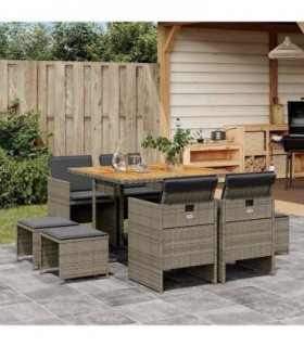 vidaXL 9 Piece Garden Dining Set with Cushions Grey Poly Rattan