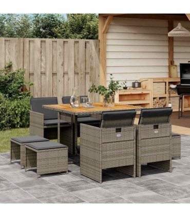 vidaXL 9 Piece Garden Dining Set with Cushions Grey Poly Rattan