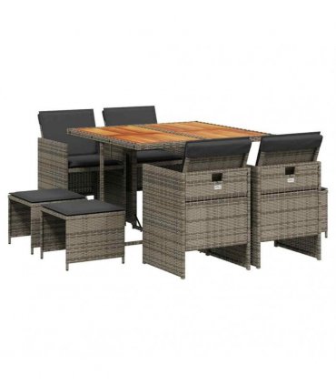 vidaXL 9 Piece Garden Dining Set with Cushions Grey Poly Rattan