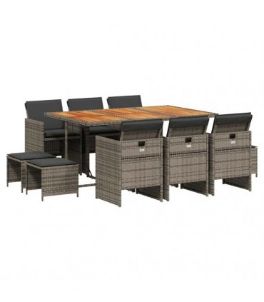vidaXL 11 Piece Garden Dining Set with Cushions Grey Poly Rattan