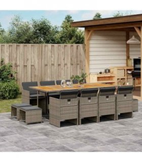 vidaXL 13 Piece Garden Dining Set with Cushions Grey Poly Rattan