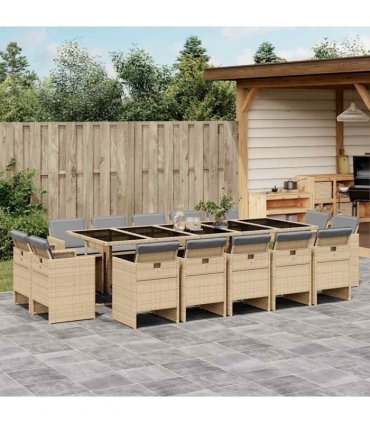 vidaXL 15 Piece Garden Dining Set with Cushions Mix Beige Poly Rattan