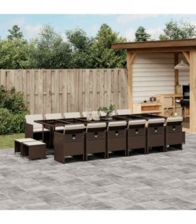 vidaXL 17 Piece Garden Dining Set with Cushions Brown Poly Rattan