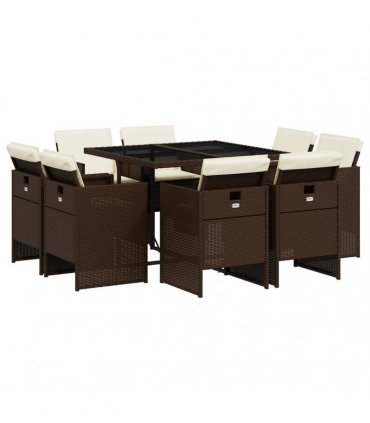 vidaXL 9 Piece Garden Dining Set with Cushions Brown Poly Rattan