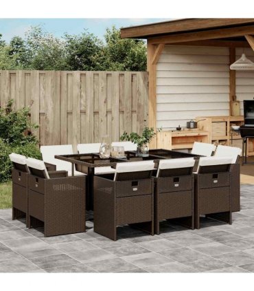 vidaXL 11 Piece Garden Dining Set with Cushions Brown Poly Rattan