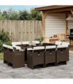 vidaXL 11 Piece Garden Dining Set with Cushions Brown Poly Rattan