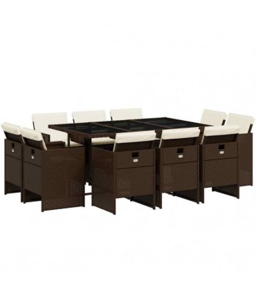 vidaXL 11 Piece Garden Dining Set with Cushions Brown Poly Rattan