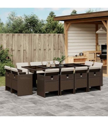 vidaXL 13 Piece Garden Dining Set with Cushions Brown Poly Rattan