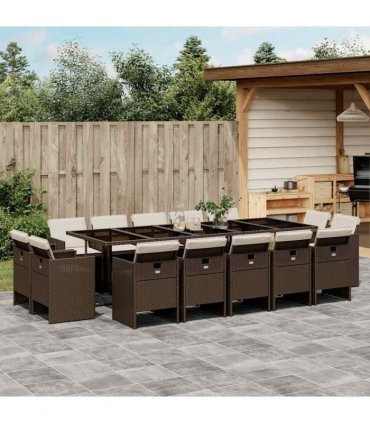vidaXL 15 Piece Garden Dining Set with Cushions Brown Poly Rattan
