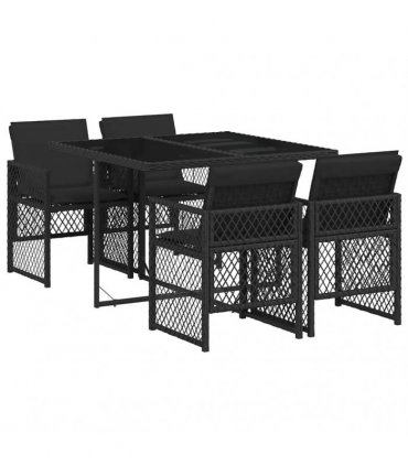 vidaXL 5 Piece Garden Dining Set with Cushions Black Poly Rattan