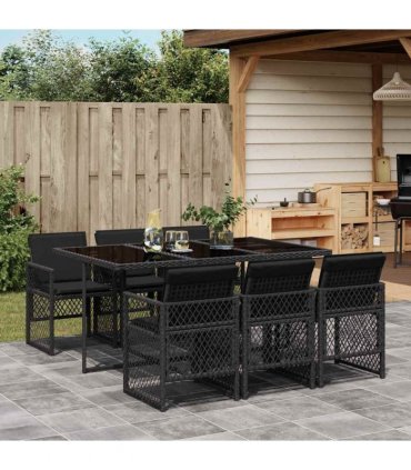 vidaXL 7 Piece Garden Dining Set with Cushions Black Poly Rattan
