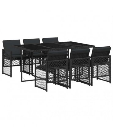 vidaXL 7 Piece Garden Dining Set with Cushions Black Poly Rattan