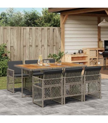 vidaXL 7 Piece Garden Dining Set with Cushions Grey Poly Rattan