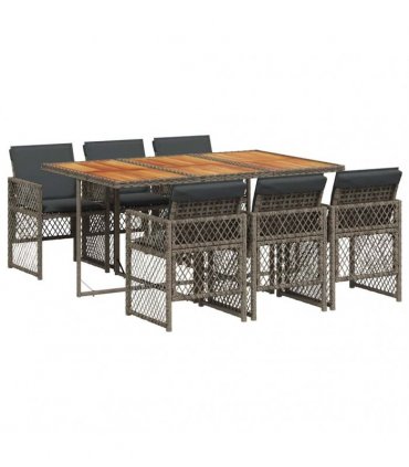 vidaXL 7 Piece Garden Dining Set with Cushions Grey Poly Rattan