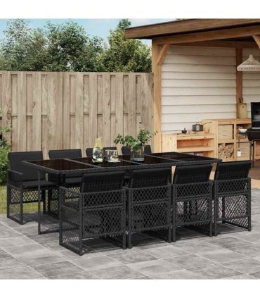 vidaXL 9 Piece Garden Dining Set with Cushions Black Poly Rattan