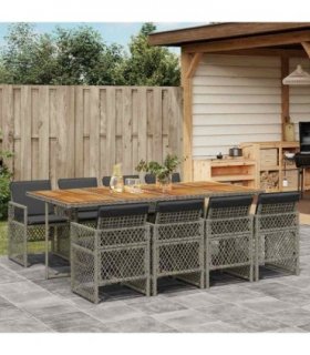 vidaXL 9 Piece Garden Dining Set with Cushions Grey Poly Rattan