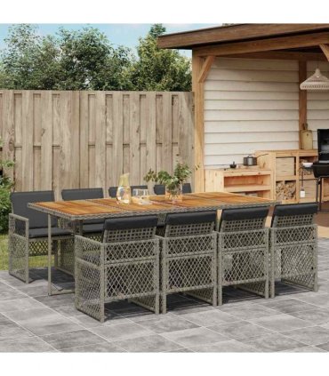 vidaXL 9 Piece Garden Dining Set with Cushions Grey Poly Rattan