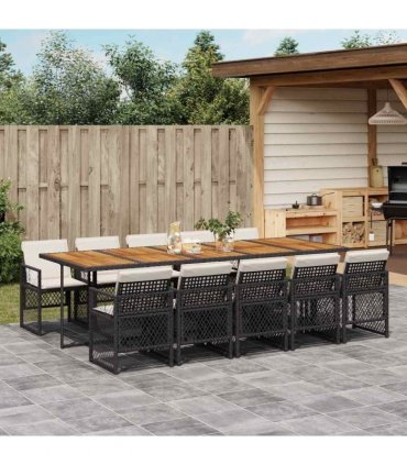 vidaXL 11 Piece Garden Dining Set with Cushions Black Poly Rattan