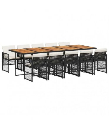 vidaXL 11 Piece Garden Dining Set with Cushions Black Poly Rattan