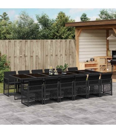 vidaXL 13 Piece Garden Dining Set with Cushions Black Poly Rattan