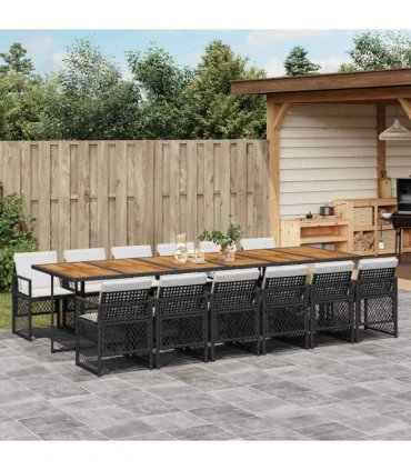 vidaXL 13 Piece Garden Dining Set with Cushions Black Poly Rattan
