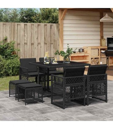 vidaXL 9 Piece Garden Dining Set with Cushions Black Poly Rattan