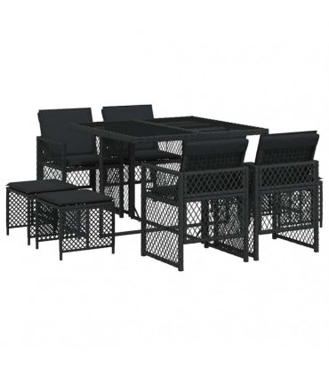 vidaXL 9 Piece Garden Dining Set with Cushions Black Poly Rattan