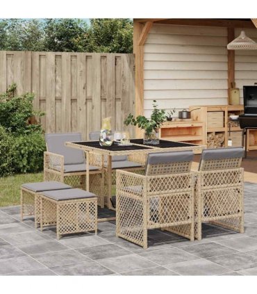 vidaXL 9 Piece Garden Dining Set with Cushions Beige Poly Rattan