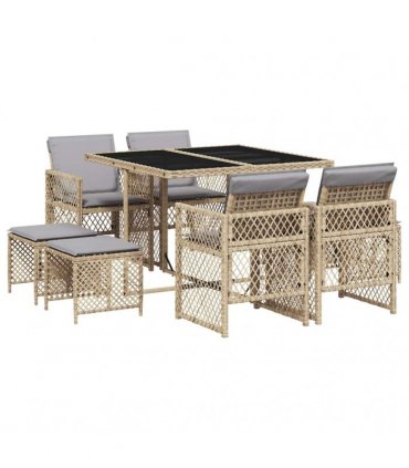 vidaXL 9 Piece Garden Dining Set with Cushions Beige Poly Rattan